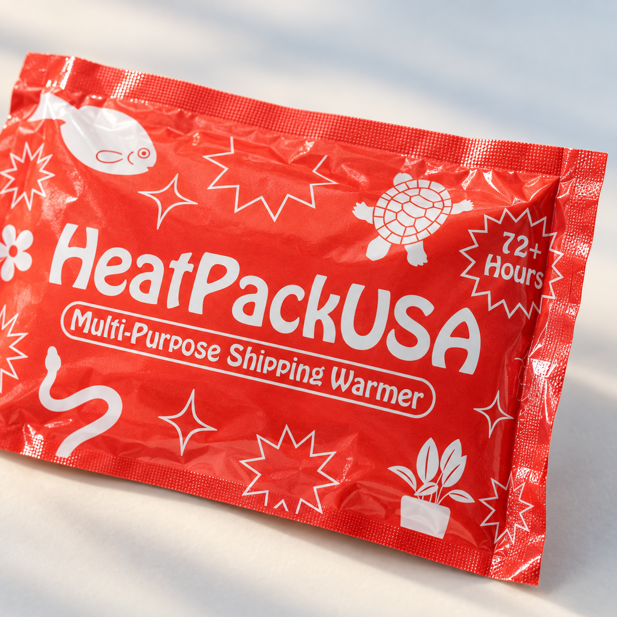 Close view of HeatPackUSA shipping warmer packaging — representative generated image