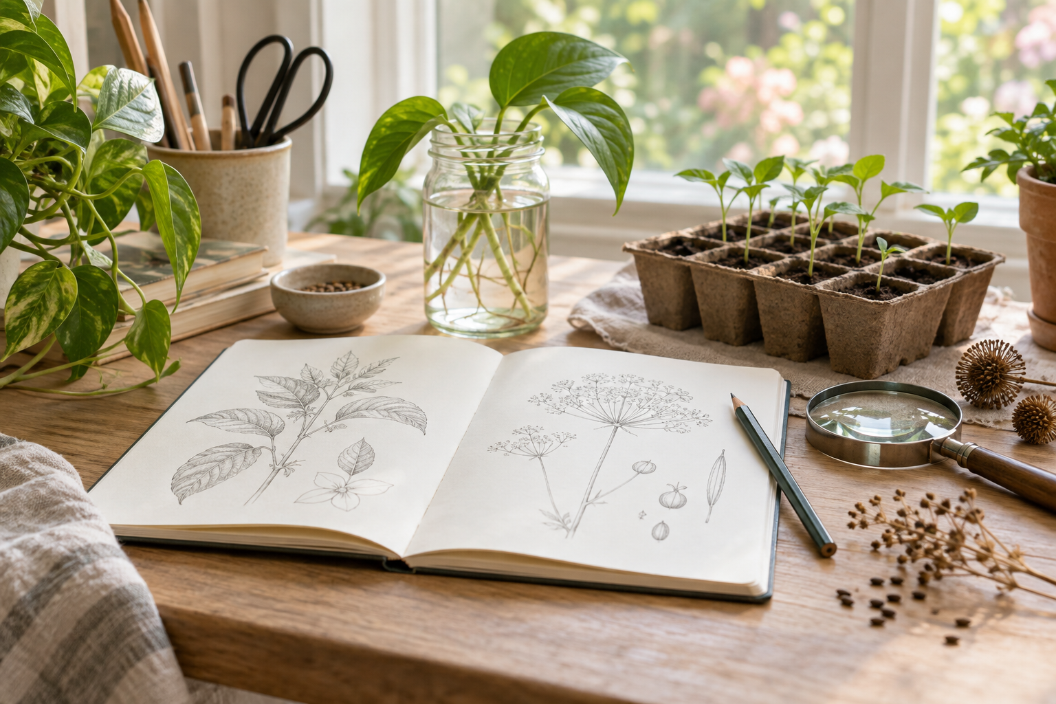 Plant care notes and seedlings on a work table
